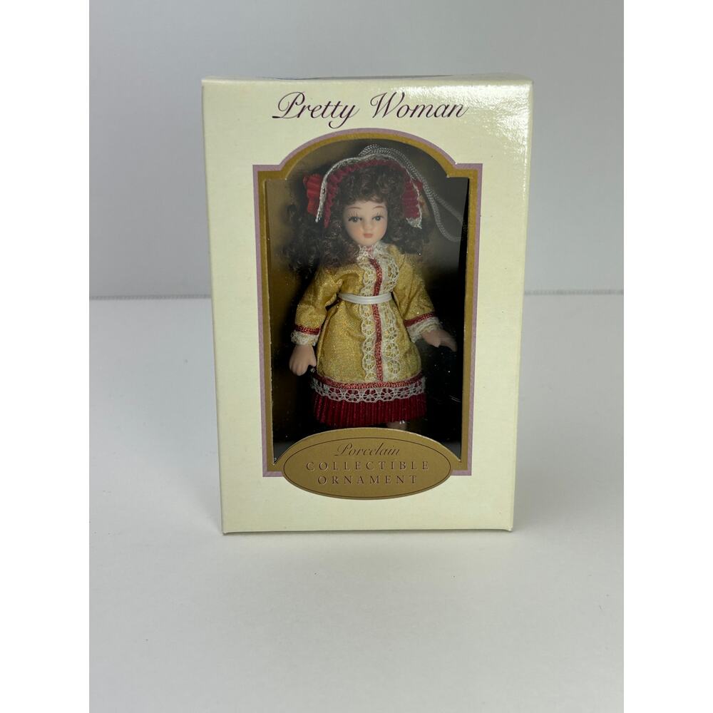 Pretty Woman Porcelain Doll Ornament Purple Red Trim Dress Blonde Curls 2004